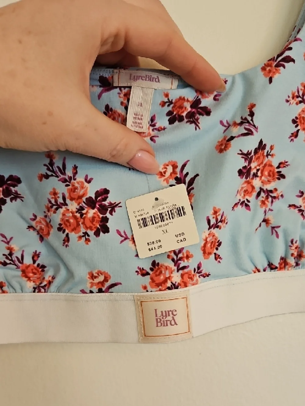 Lyre Bird Floral Scoop Bralette in Light Blue Floral Size Xl
